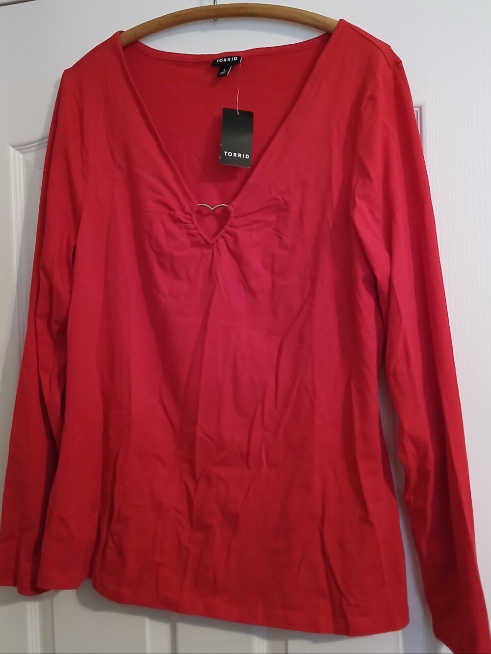 Torrid Red Long Sleeve V-Neck Top with Heart Accent